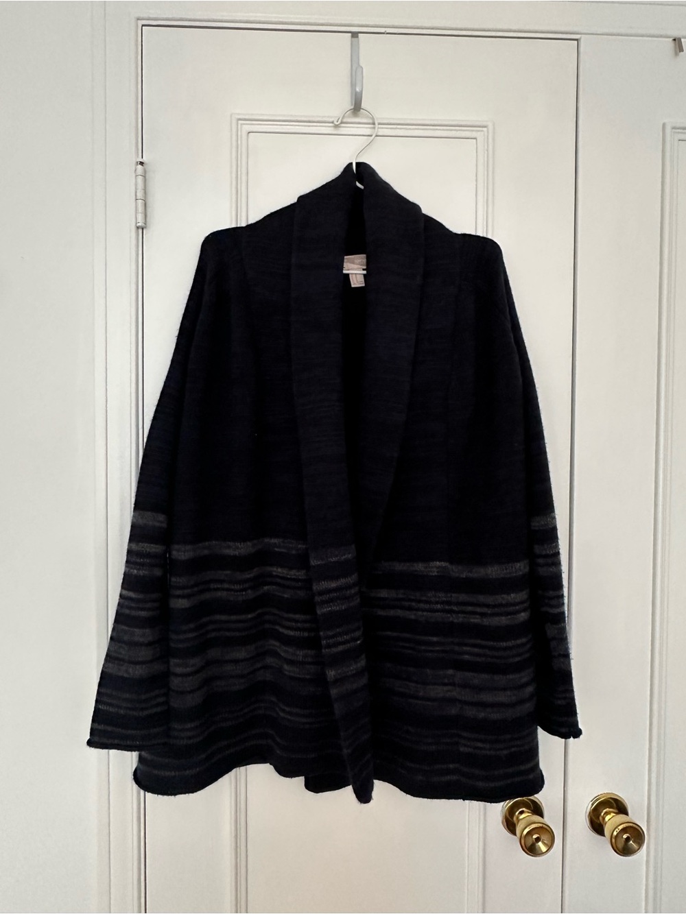 Forever 21 Black Shawl Collar Open-Front Coatigan with Charcoal Stripes